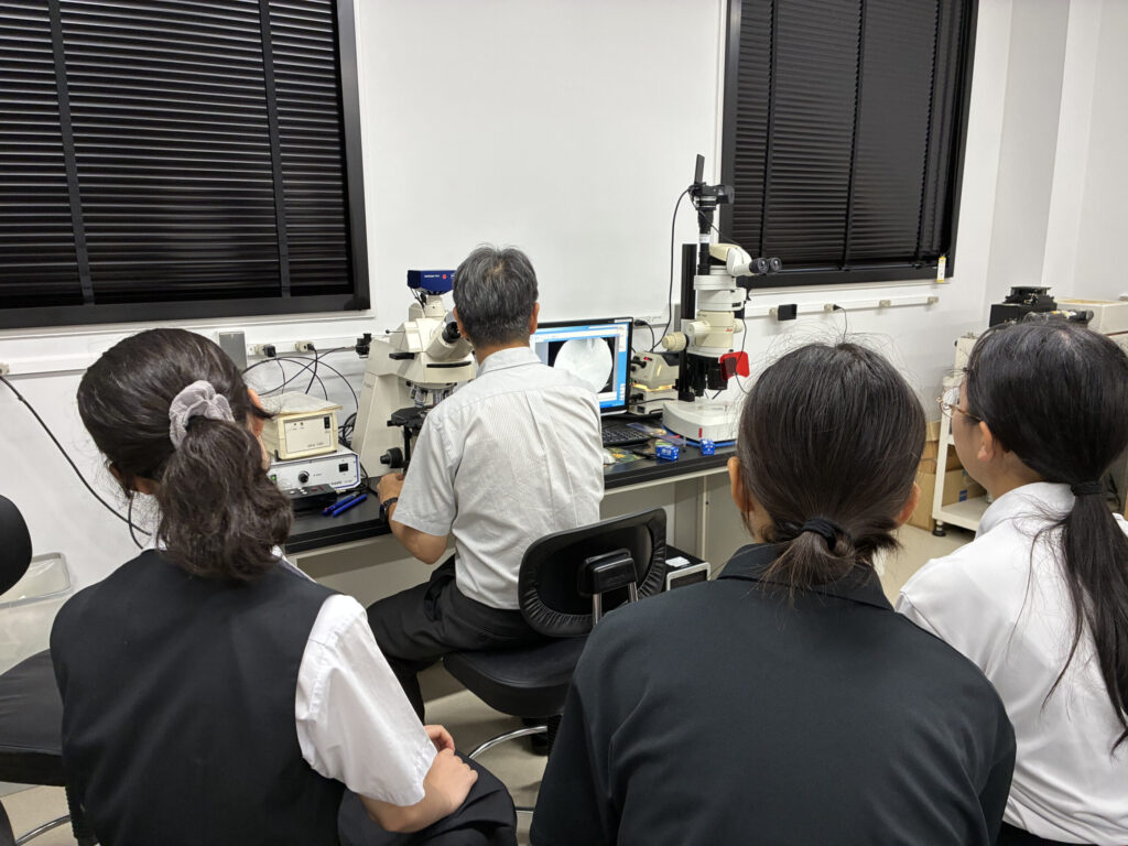 澤教授が顕微鏡で線虫を観察する方法を説明している様子